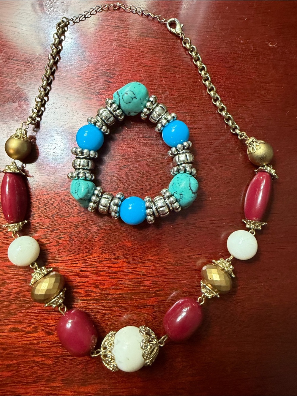 Turquoise and Red Beaded Bracelet & Necklace Set - Women Jewelry